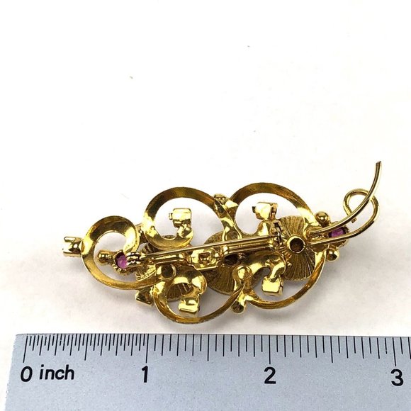 Vintage Unmarked Gold Tone Brooch with Watermelon Rivoli Rhinestones - Picture 3 of 3